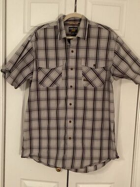 Ariat Rebar Men’s Short Sleeve Plaid Button-Down Shirt - Gray and Black XL